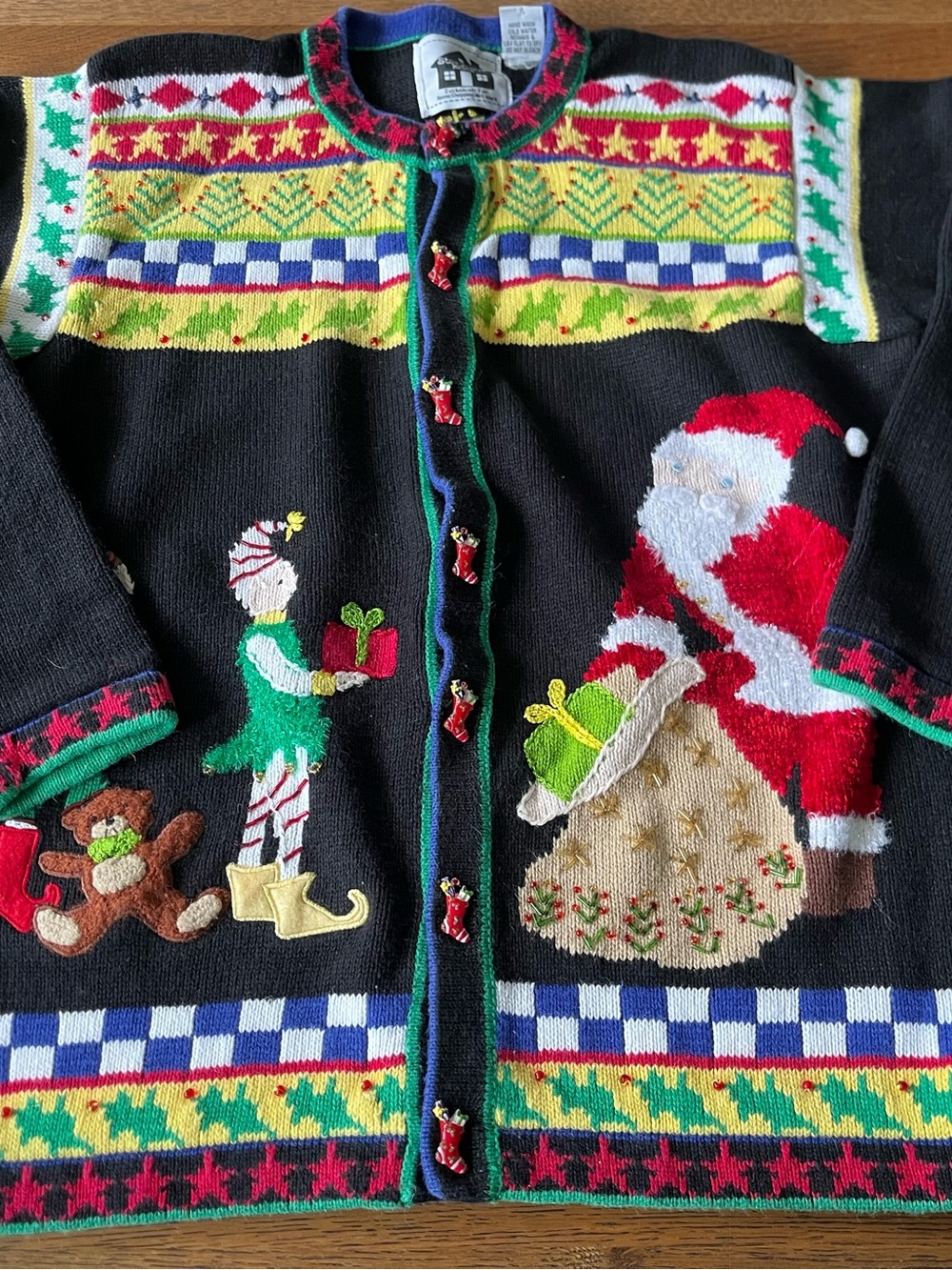 Vintage 1990’s Storybook Knits Black Holiday Santa & Elf Appliqué Cardigan